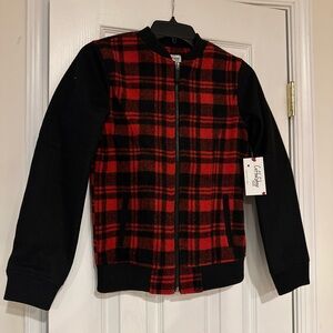 NWT Coffee Shop Kids Red Black Buffalo Plaid Bomber Jacket XL Full Zip